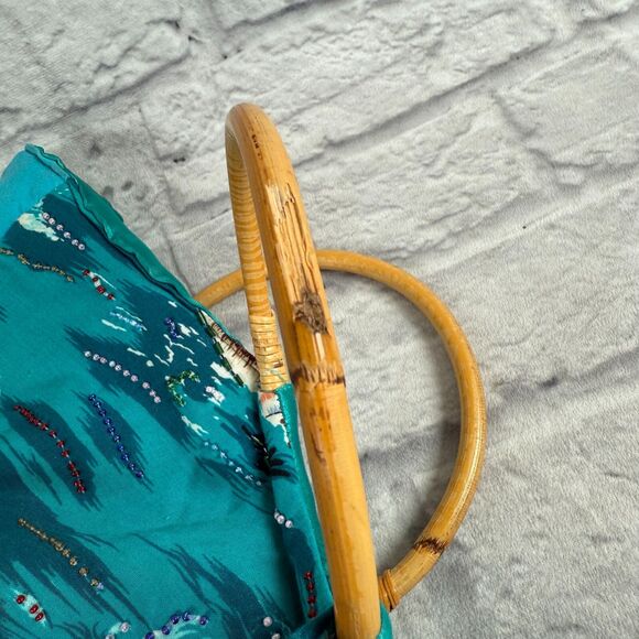 VTG Marlin Tropical Hawaiian Beaded Tote Handbag Purse Swordfish Bamboo Handles - Picture 15 of 16